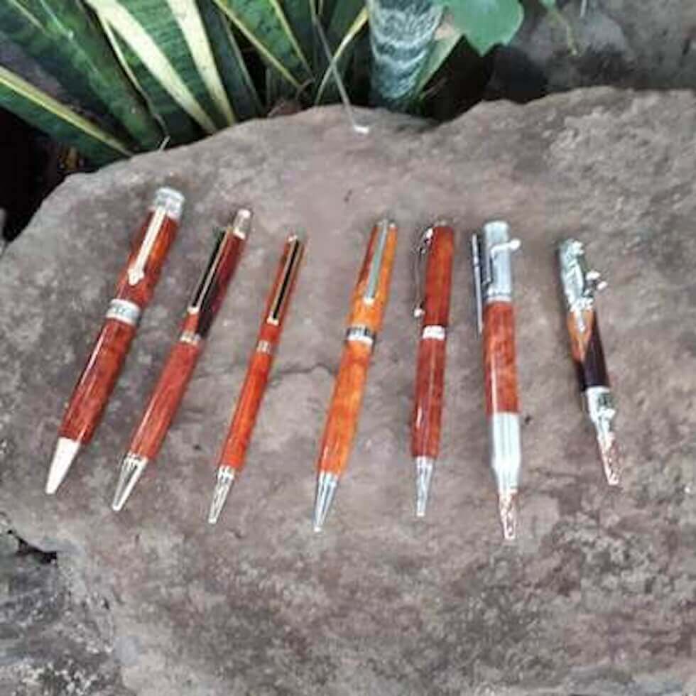 Assorted pens on display.